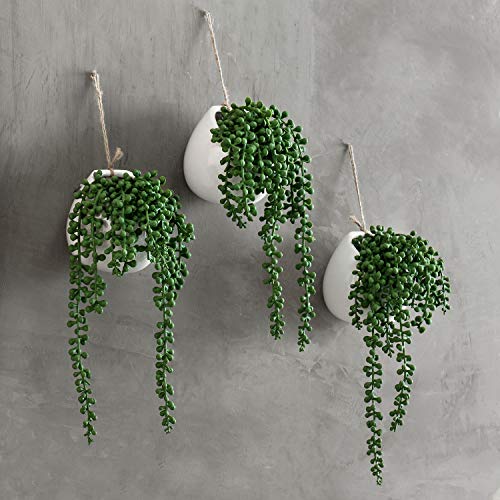 MyGift Artificial Faux String of Pearls Plants in White Ceramic Wall