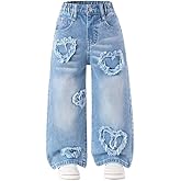Nivne Tco Tween Girls Baggy Jeans - Zipper Elastic Waist Heart Patch Wide Leg Denim Pants for Girls with Five Pockets