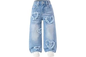 Nivne Tco Tween Girls Baggy Jeans - Zipper Elastic Waist Heart Patch Wide Leg Denim Pants for Girls with Five Pockets