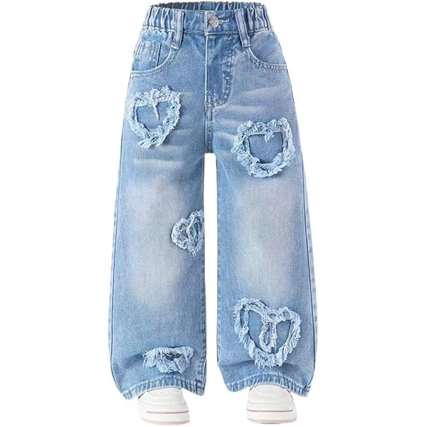 NEAWEALY Meisjes Ripped Jeans Kinderen Baggy Wide Leg Denim Broek Y2K Jeans Vintage Streetwear 5-14 Jaar, Ster, 9-10 jaar