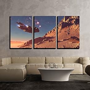 3 Piece Canvas Wall Art - Spaceship on The Background of The Planet - Modern Home Art Stretched and Framed Ready to Hang - 16"x24"x3 Panels