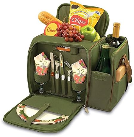 Army Green Picnic Bag Set, for 2 persons with insulated cooler compartment; this tote is large and has a good size two bottle section on the side.
