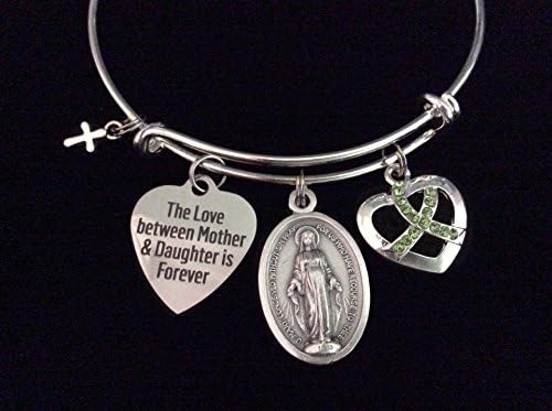 The Love between a Mother and Daughter Forever Expandable Charm Bracelet Adjustable Bangle Gift Miraculous Mary Green Awareness Ribbon Cross