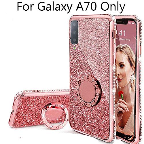 KC Glitter Round Ring Stand Case Sparkly Transparent Soft Silicon Back Cover for Samsung Galaxy A70 (Rose Gold Pink)