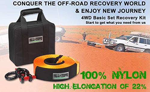 ALL-TOP Nylon Heavy Duty Tow Strap Recovery Strap Kit : 3 inch x 30 ft (32.000 lbs) 100% Nylon and 22% Elongation Snatch Strap + 3/4 Heavy Duty D Ring Shackles (2pcs) + Storage Bag