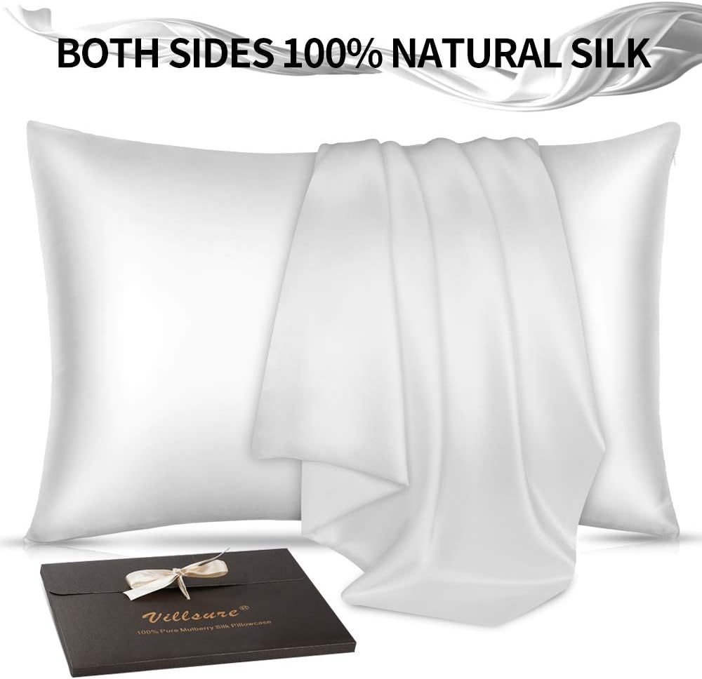 Villsure 19 Momme 100% Mulberry Silk Pillowcase with Hidden Zipper Design, Hypoallergenic Soft Breathable Both Side Natural Silk Pillow Cases for Hair and Skin, 1 Pack, Queen 20×30 Inch, White