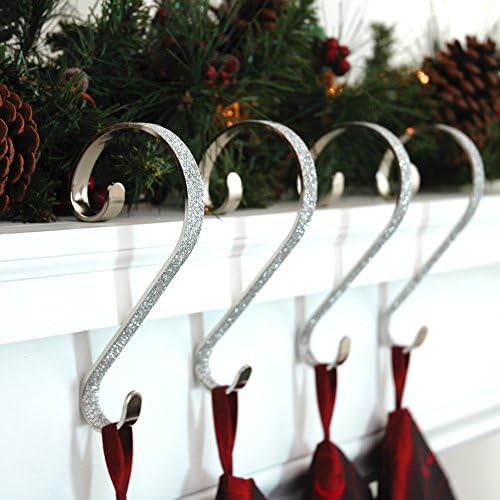 Haute Decor Stocking Scrolls Stocking Hanger- 4 Pack Glitter (Silver)