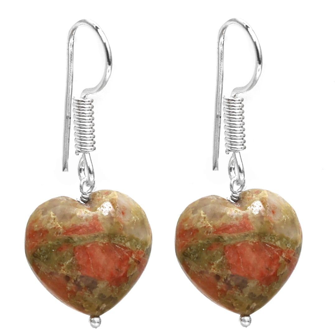 Gempires Natural Heart Crystal Earrings, 14 mm Drop Dangle Earring For Women (Unakite)