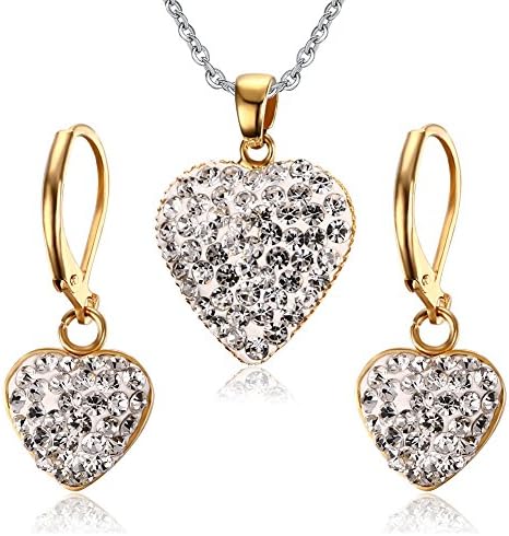 Mealguet Jewelry Women Stainless Steel Heart Shape Crystal Drop Dangle Earring, Necklace Jewelry Sets