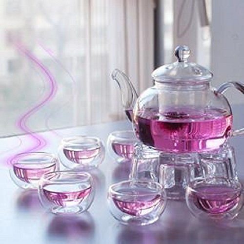 CGL Sky 27 oz glass filtering tea maker teapot (600c) with a warmer and 6 tea cups 50ml