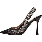 Goolita Pointed Closed Toe Pearl Slingback Heels for Women, Mesh Bow Evening Pump Stiletto High Heels Backless Party Bridal Shoes for Wedding