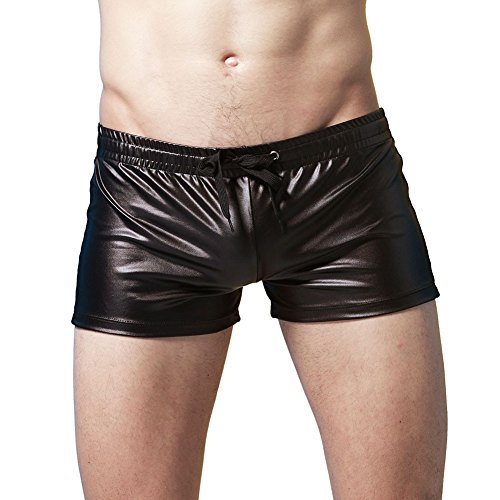 TIAOBU Mens Patent Leather Drawstring Boxer Briefs Swim Trunks Underwear Black X-Large
