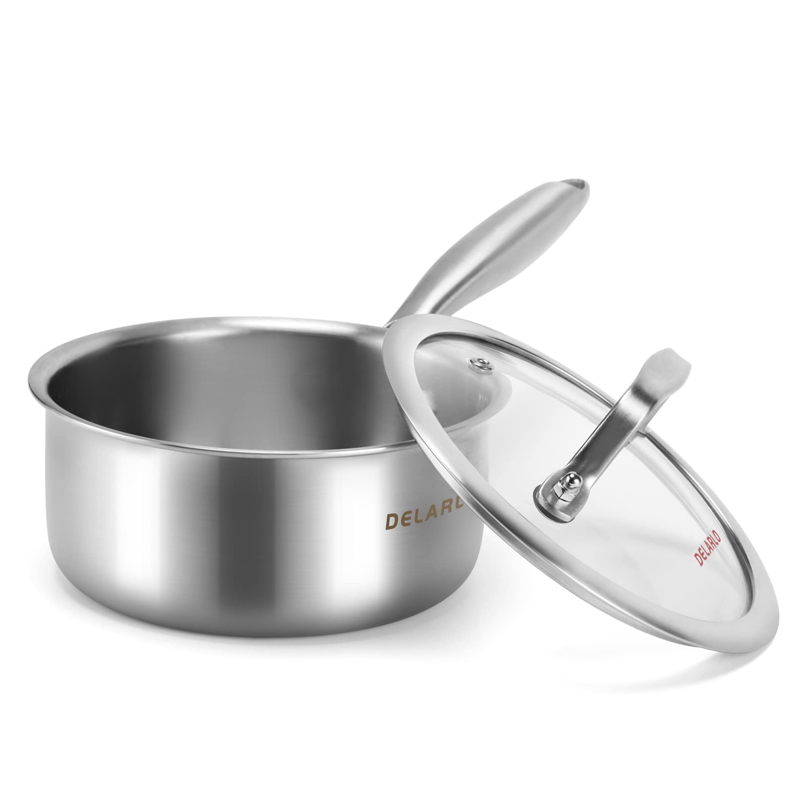 Photo 1 of DELARLO Tri-Ply Stainless Steel Induction Saucepan, 1.5 QT with Lid, All Stove Compatible 600, Small Pots for Cooking, Heavy Duty Saucier, Dishwasher Safe