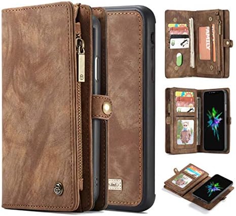 iPhone Xr Case Wallet Case,AKHVRS Handmade Premium Cowhide Leather Wallet Case,Zipper Wallet Case Detachable Magnetic Case & 11 Card Slots [Magnetic Closure] for 6.1 Inch iPhone Case Brown