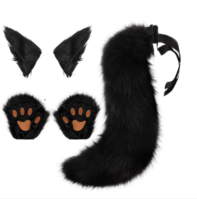 Faux Furry Fox Ears Headband Set - Halloween Costume With Tail, Paw Gloves, Hairband - Animal Fancy Dress Accessories for Wolf, Bear — image 1