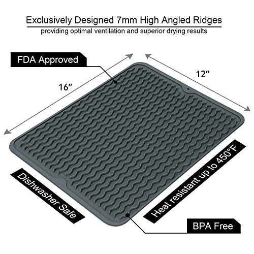 Silicon Dish Drying Mats with Grips Botter Brush, 16'' X 12'' Non Slip Dish Mats, Heat Resistant Countertop Protection Trivet, Dishwasher Safe - BPA Free (L, Gray)
