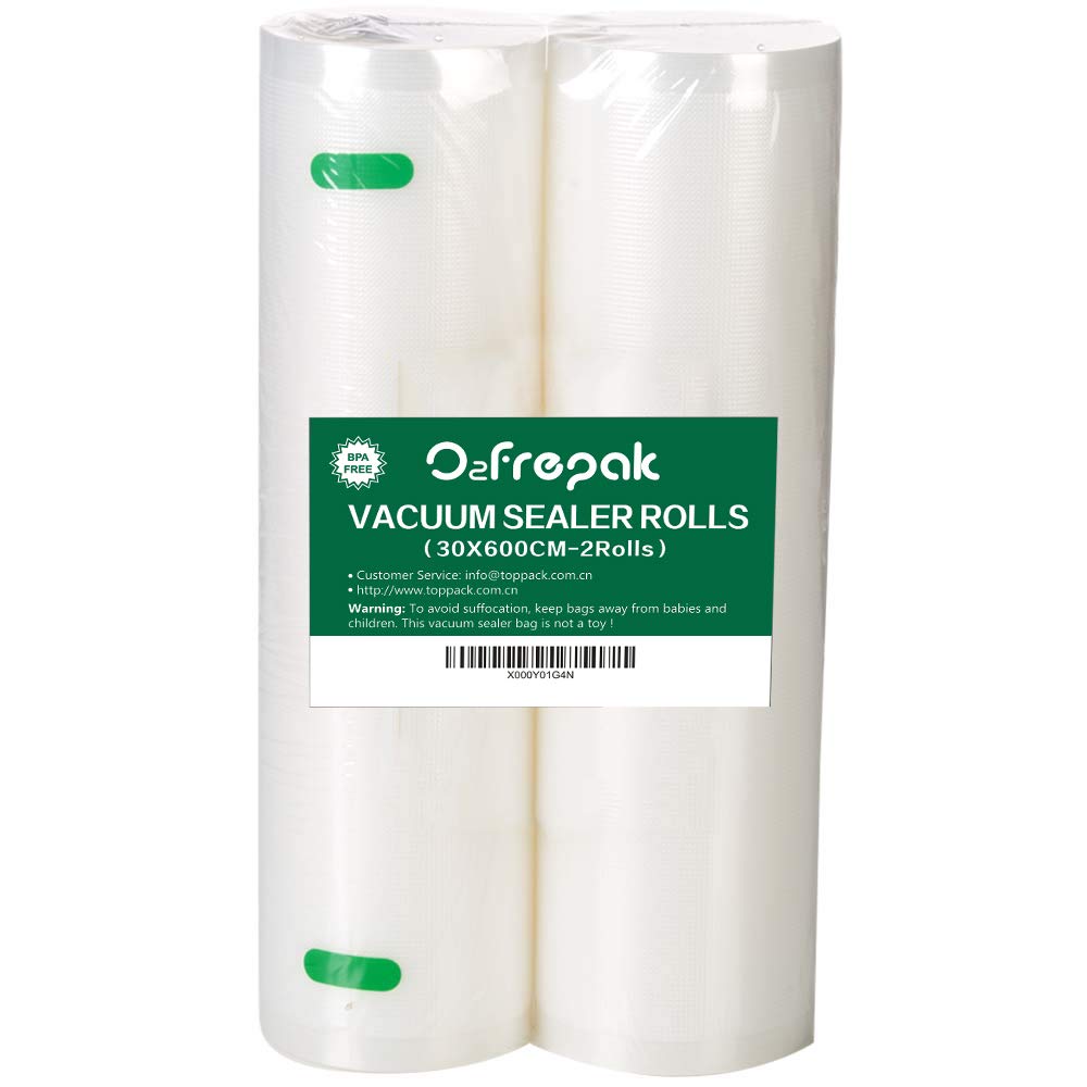 O2frepak 2Pack 30cmx600cm Food Textured Vacuum Sealer Bags Rolls with BPA Free,Heavy Duty Embossed Vacume Sealer Storage Bags Rolls for Food,Great for Sous Vide Cooking (Total 1200cm)