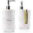 Comfify French Design Kitchen Soap Dispenser & Sponge Holder - Vanity Sink Organizer - 12.6oz Shabby Chic Liquid Soap Dispenser with Premium Pump Ceramic Soap Holder w/Free Sponge