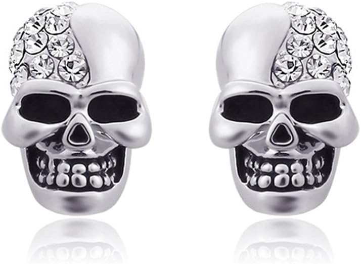 A Pair of Skull Ear Stud Earrings, Punk Rock Style Skull Earrings Classic Stud Earrings with Diamante Detail – Silver (Silver)