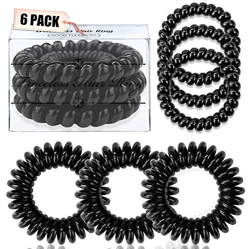 IBEET 6PCS Hair Ties, Power Traceless Elastics Hair Rings, Sprial Hair Ties No Crease, Phone Cord Hair Tie Painless Ponytail Holder Coil Hair Ties for Girls Women - 2 SIZE, Black