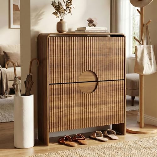 zofiauai Slim Shoe Storage Cabinet for Entryway, Narrow Shoe Cabinet with 2 Tier Flip Drawers Doors, Fluted Hidden Shoe Rack Organizer for Entrance, Entry Way, Foyer, Hallway, Walnut
