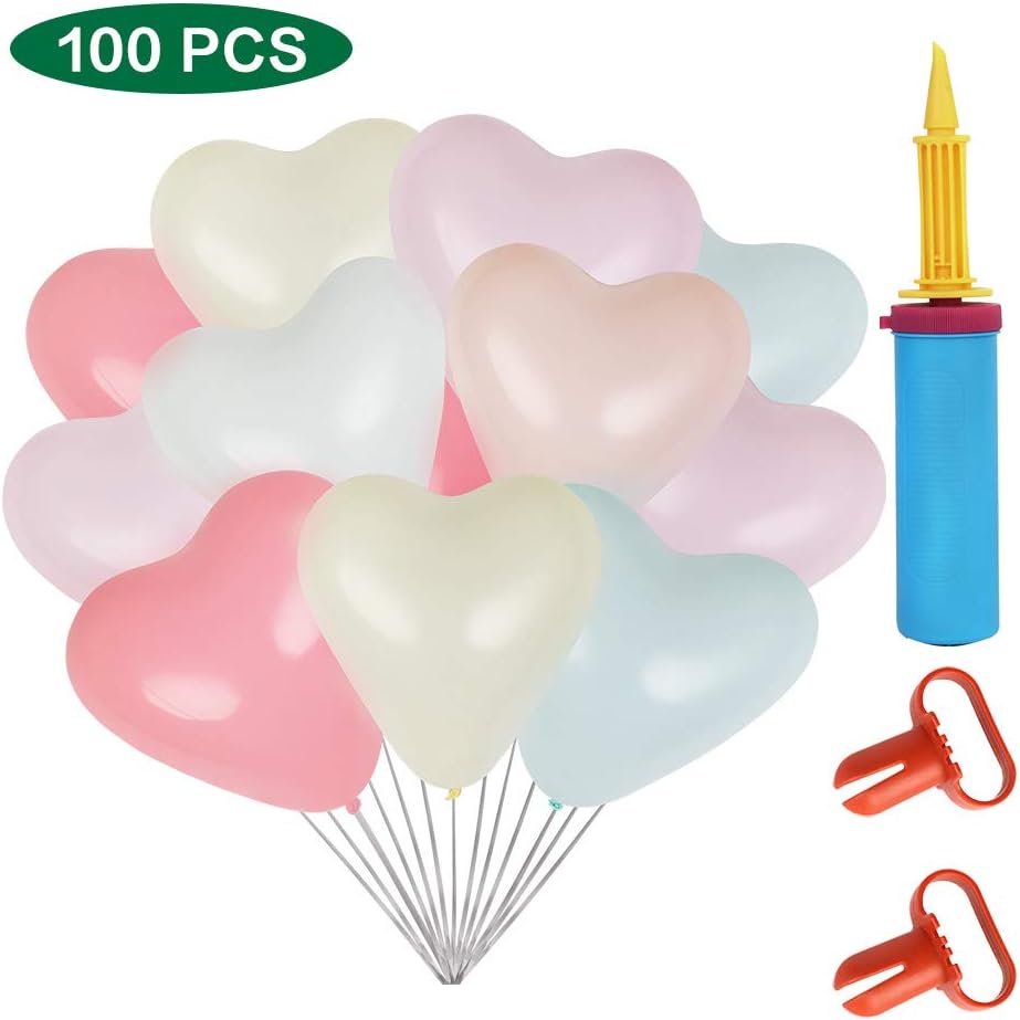 Lacoreka Heart Shaped Party Balloons 12 Inches Rainbow Set (100 Pack) with Balloon Pump Hand Held, Assorted Colors Latex Helium Balloons Bulk for Kids Birthday Parties Decoration Arch Supplies Kit