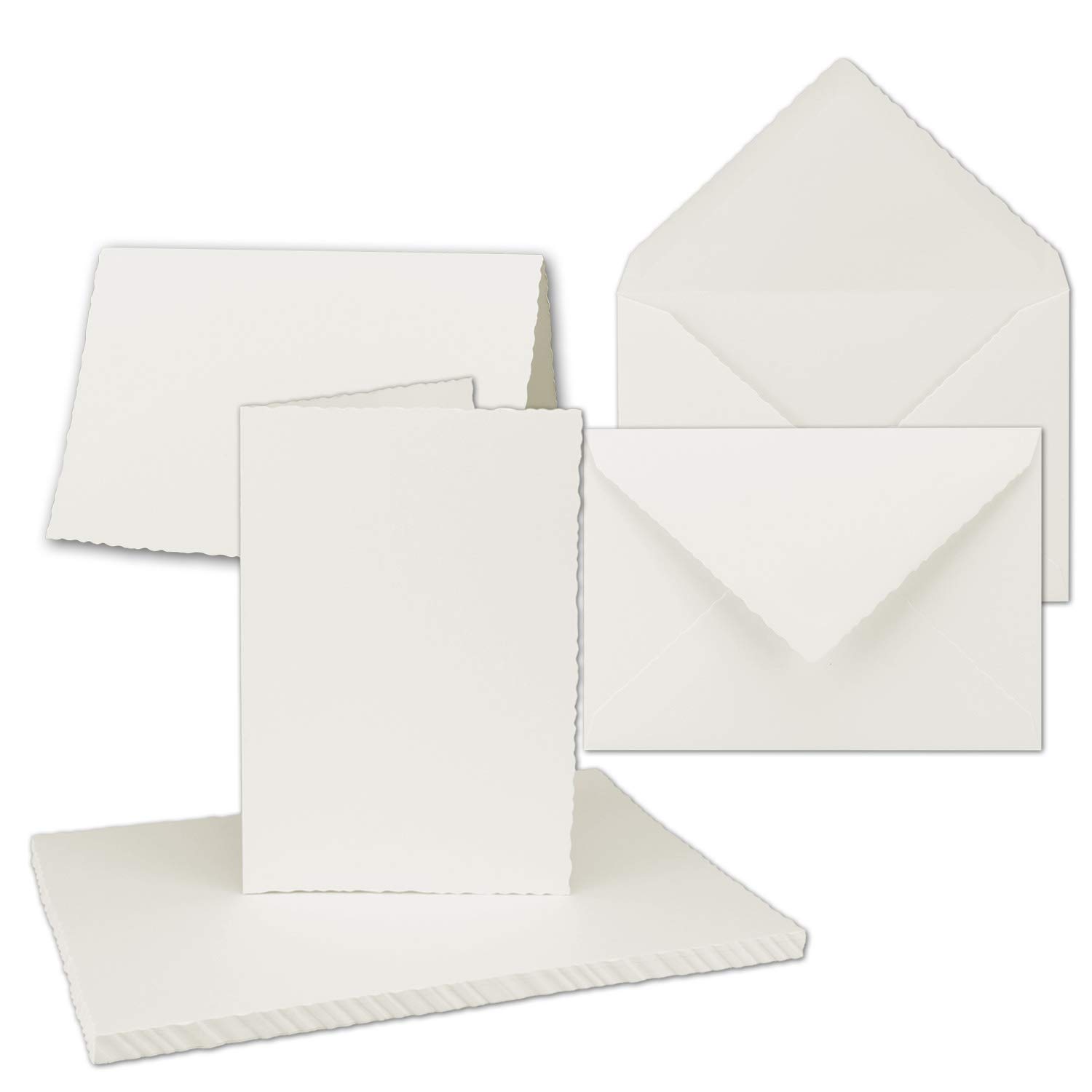 NEUSER PAPIER 25x Vintage Folding Card Set with Serrated Cut, high Double Natural White fine Handmade Cards with envelopes DIN A5-14.8 x 21 cm Imitation Deckle Edge by Gustav NEUSER