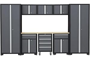 HPDMC 9-Piece Steel Garage Storage Cabinet System with Wooden Work Top, 130 in. L x 18 in. D x 76 in. H Assembled Workshop Chest Cabinet Set in Charcoal Gray