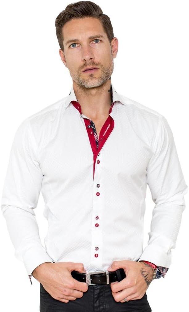 Mens Designer Dress Shirt - Stylish & Trendy White Mini Panam with Red Accent
