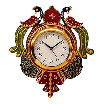 John Varvatos Wooden Hand Painted Peacock Design Wall Clock for Home and Decor (Multicolour)