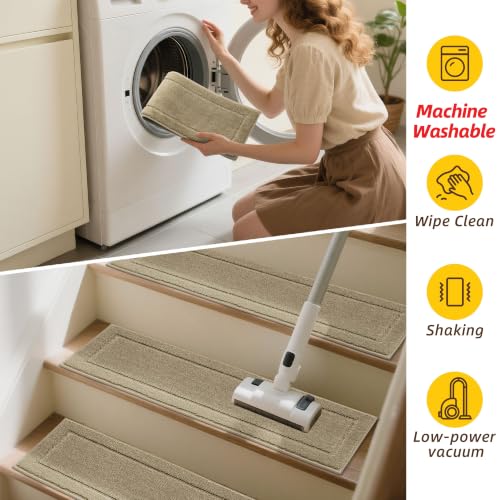 Non-Slip Stair Treads for Wooden Steps Indoor, 15 Pack 8" X 30" Edging Stair Rugs with TPE Backing,0.45" Thick Carpet Stair Treads for Kids Elders & Pets, 100% Polyester Soft Stair Runners, Beige