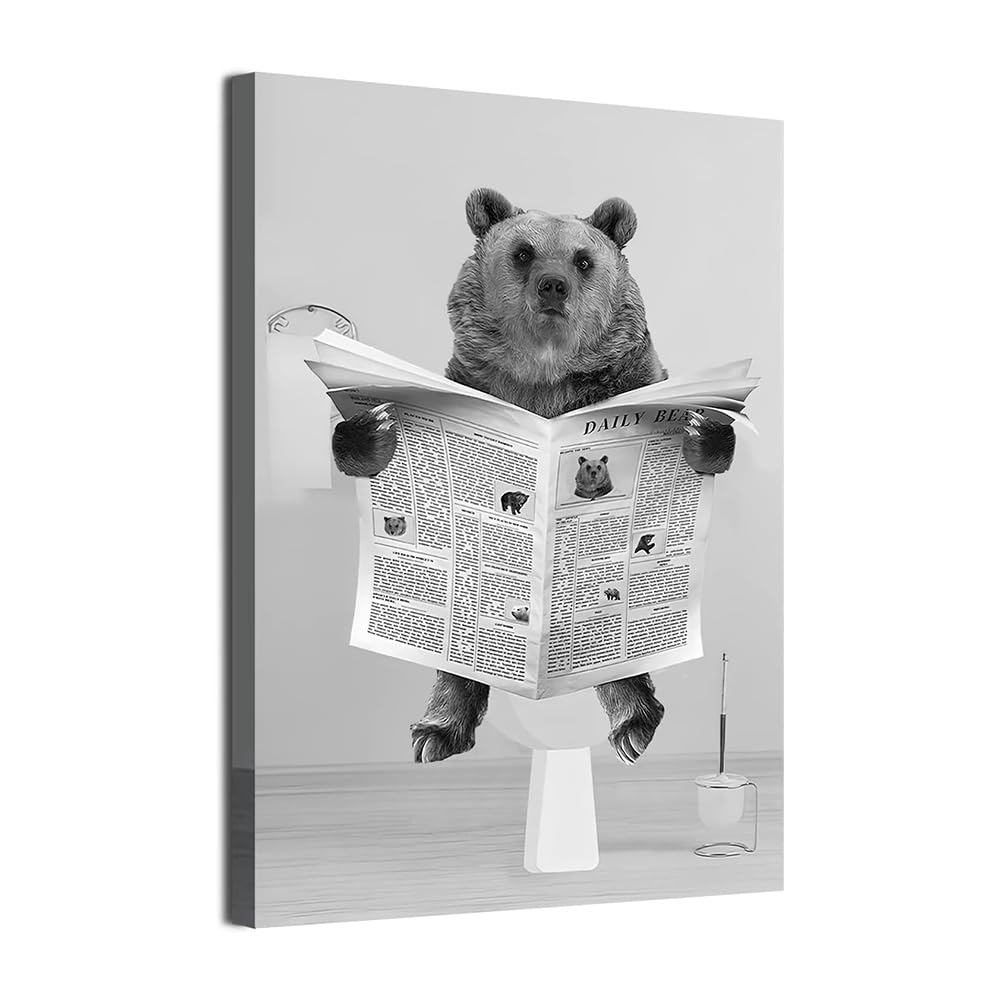 LPFNSF Bathroom Animal Pictures, Black and White Animals in The Bathroom, Fun Cow Elephant Art Paintings, Printed Bathroom Decoration Posters, Frameless. (newspaper bear, 30x40cm*1)