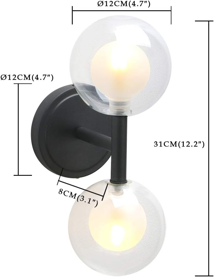 Phansthy Retro Industrial Wall Light Double-Headed Double Layer Glass Shades Sconces Straight Pole Transparent 12cm Small Globe Glass Lampshade Wall lamp for Vanity Mirror Bedroom (Black) - Image 4