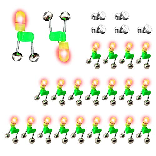 GEUNTECH 20 x Bissanzeiger, Glocke mit Nachtlicht, LED-Licht, Angelrute, Doppelklingel, lauter Geräusch