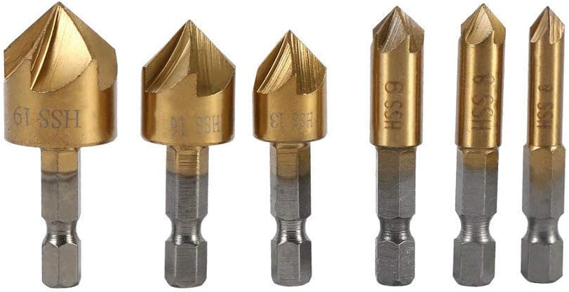 New 6Pcs 1/4 6mm-19mm Hex Shank HSS 5 Flute Countersink Drill Bit Set 90
