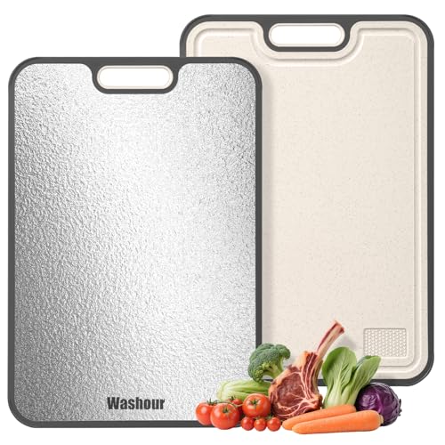 Stainless Steel Cutting Boards for Kitchen, Non Toxic Double Sided Cutting Board, 2-in-1 Wheat Straw PP, Large Chopping Board for Meat and Fruit, Non-Slip, Gifts for Housewarming 16”×11”