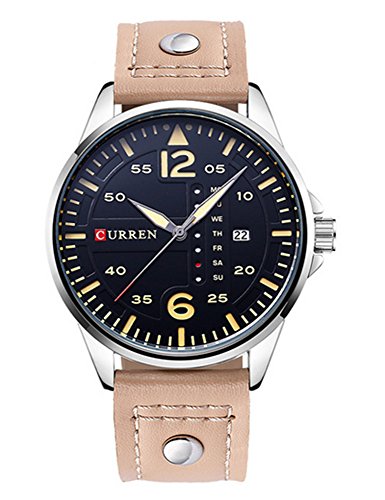 RUIWATCHWORLD Men Fashion Casual Business Quartz Sports Military Wrist Leather Band Calendar Watch (Yellow)