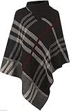 Women's Checked Knitted Winter Poncho Red Band Wrap Shawl Cape (Onesize, Charcoal)