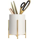 SIEBOLD Gold pencil cup Sturdy metal frame with white ceramic pen holder For desks and kitchen appliance holders