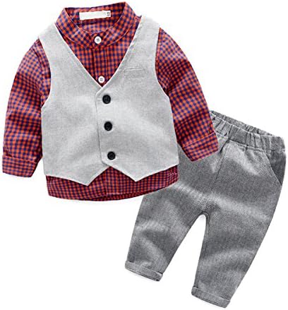 Baby Boy Clothes, Toddler Outfit 3PCS Children Clothing Set with Vest + Pants (9 - 12 months, red)