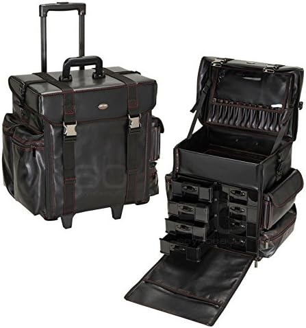 Seya 19.5 Inch Soft Nylon Professional Artist Rolling Wheeled Trolley Makeup Train Case Cosmetic Organizer W/ 8 Drawers (Black Leather)