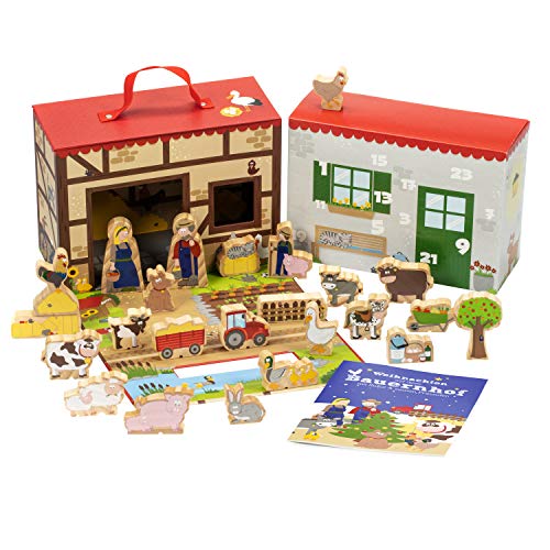 yoamo Bauernhof für Kinder inkl. Adventskalender mit 24 Holzfiguren, hochwertigem Spielkoffer und weihnachtlicher Tier-Geschichte, Mehrfarbig, 27-teilig (1 Set)