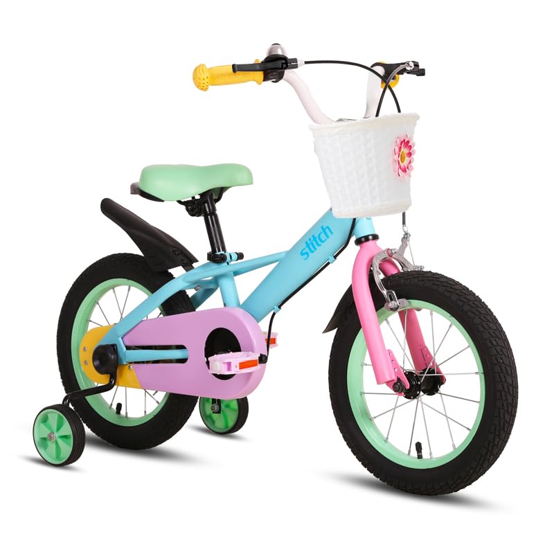 STITCH Macaron 14 Inch Kids Bike for 3-5 Years Old, 14 Inch Girls Bike with Baskets & Stabilisers, Children Bicycle