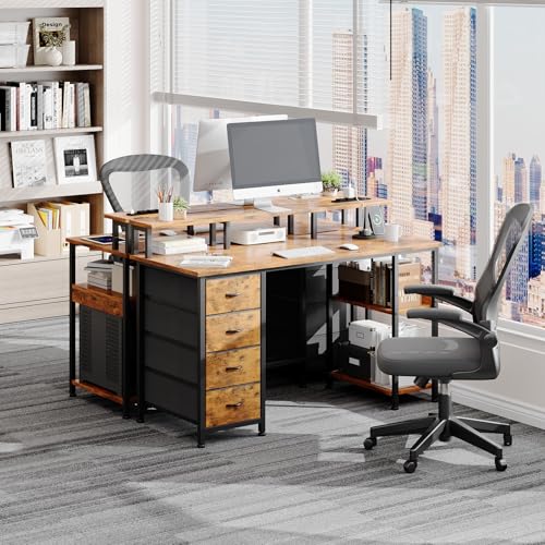 MUTUN 47" Reversible Computer Desk with Charging Station, Office Desk with Drawers and Shelves, Bureau de Travail, Home Office Desks, Study Table with Monitor Stand (Rustic Brown, 47 Inch)