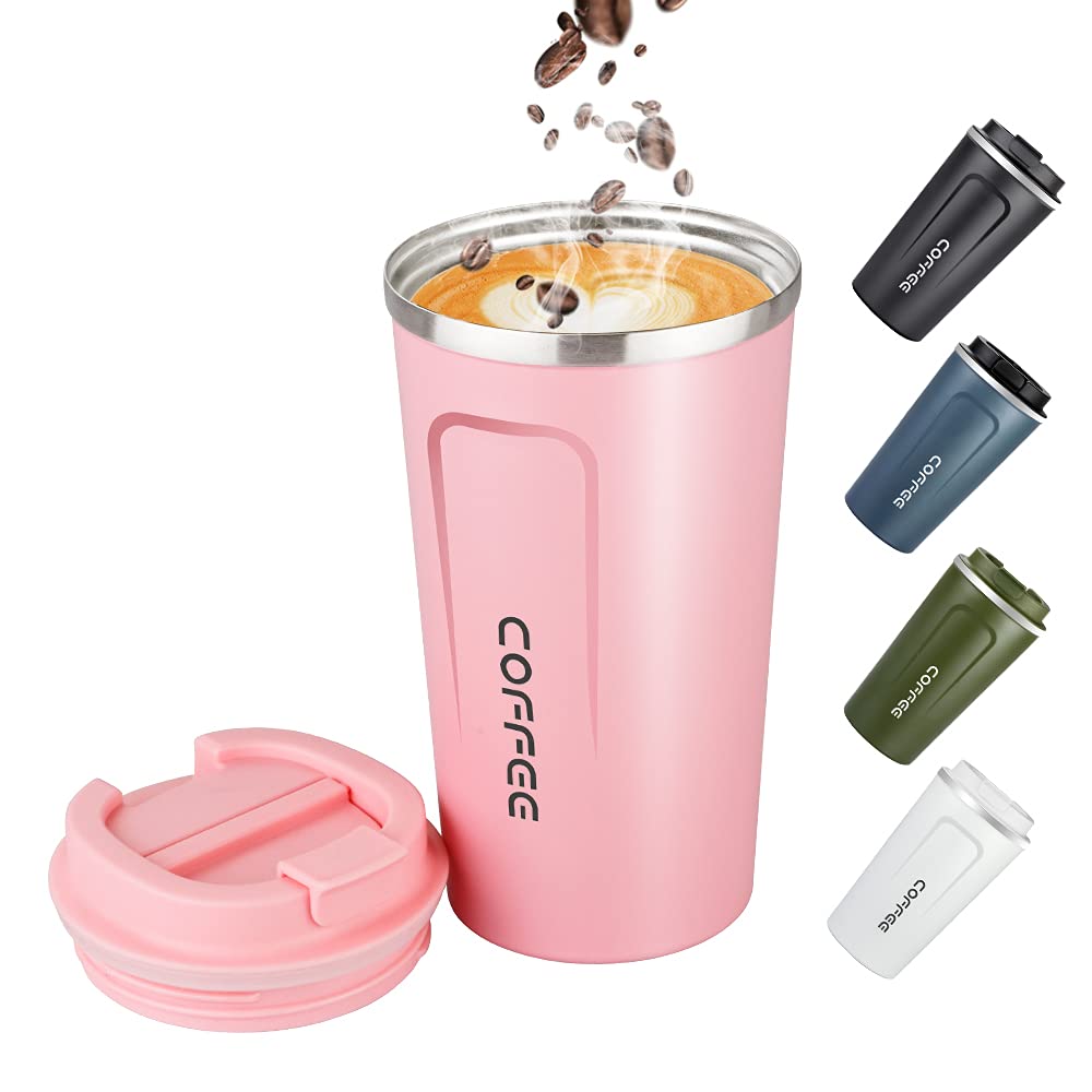 17oz (500ml) Vacuum Insulated Travel Mug, Leakproof Double Wall Stainless Steel Reusable Coffee Cup with Lid for Hot & Cold Drinks, Pink