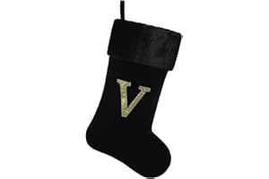 Yehnois 20 Inches Initial Monogram Christmas Stocking Personalized,Deluxe Black Velvet Body with Super Soft Plush Cuff Embroidered Letter,Holiday Season Decor（V）