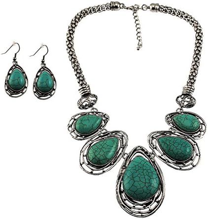 Graduated Teardrop Cabochon Turquoise Stone BIB Necklace Set Matching Earrings