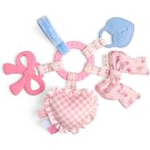 Itzy Ritzy Teething Activity Toy - Bitzy Busy Ring Car Seat Toy (Pink Bow) | Braided Teething Ring &amp; Dangling Toys, Includes Teether, Textured Ribbons, Crinkle Sound &amp; Jingle Bell - Hanging Carseat Toys