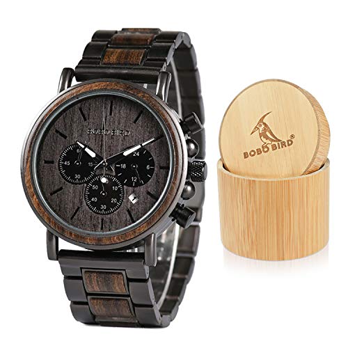 Mens Wooden Watches Business Casual Wristwatches Stylish Ebony Wood & Stainless Steel Combined Chronograph Mens Wooden Watches Business Casual Wristwatches Stylish Ebony Wood & Stainless Steel Combined Chronograph