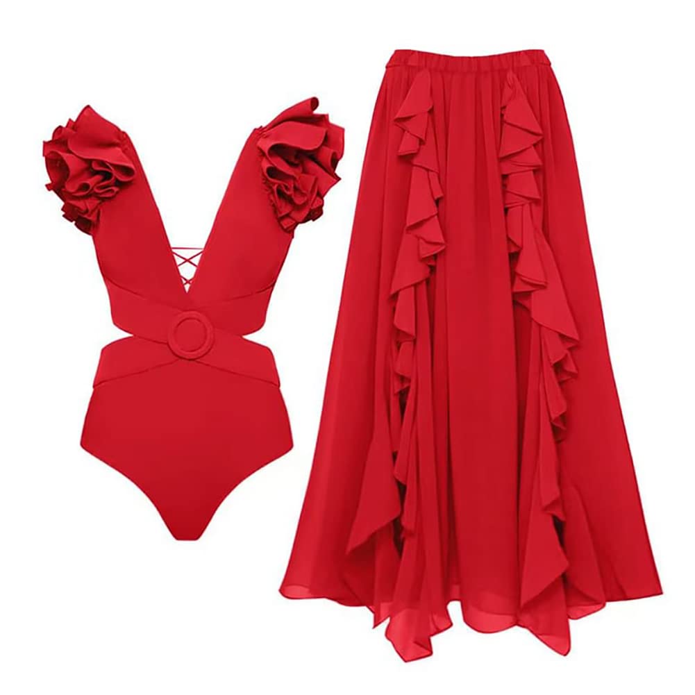 Photo 1 of IDOPIP Women's One Piece Swimsuit with Cover up Beach Skirt Retro Floral Printed Swimsuit Bathing Suit Ruffle V-Neck Monokini Swimwear Sarong Coverups Two Piece Bikini Set Beachwear Red - Cutout M